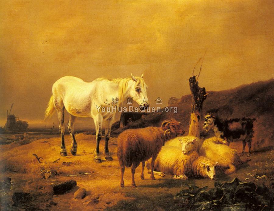 A Horse, Sheep and a Goat in a Landscape - 尤金·约瑟夫·维保盖文